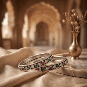 A pair of 925 sterling silver kadas standing upright against a soft gradient background, featuring a continuous sequence of round green, clear white, and ruby red cut stones bordered by textured silver detailing.