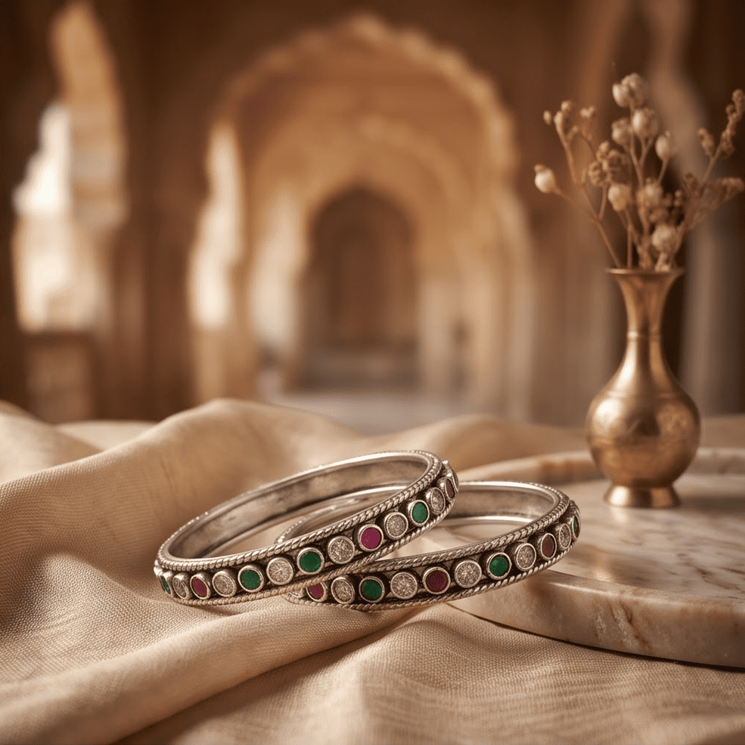 round-green-white-ruby-colour-cutstone-sequence-silver-kada.3 A pair of 925 sterling silver kadas standing upright against a soft gradient background, featuring a continuous sequence of round green, clear white, and ruby red cut stones bordered by textured silver detailing.