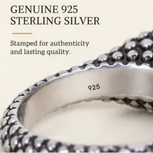 Macro graphic of the inner band of the classic lion face chitai silver band, showing the 925 stamp for genuine 925 sterling silver, stamped for authenticity and lasting quality.