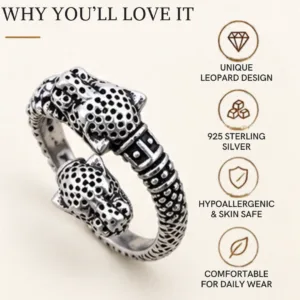 Graphic outlining why you will love the classic lion face chitai silver band, featuring icons for unique leopard design, 925 sterling silver, hypoallergenic & skin safe, and comfortable for daily wear.