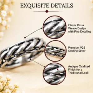 Detailed macro graphic of a silver band, highlighting the classic rassa weave design with fine detailing, premium 925 sterling silver construction, and an antique oxidised finish for a traditional look.
