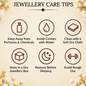 Jewellery care tips graphic advising to keep away from perfumes and chemicals, avoid contact with water, clean with a soft dry cloth, store in a dry jewellery box, remove before sleeping, and avoid rough use.