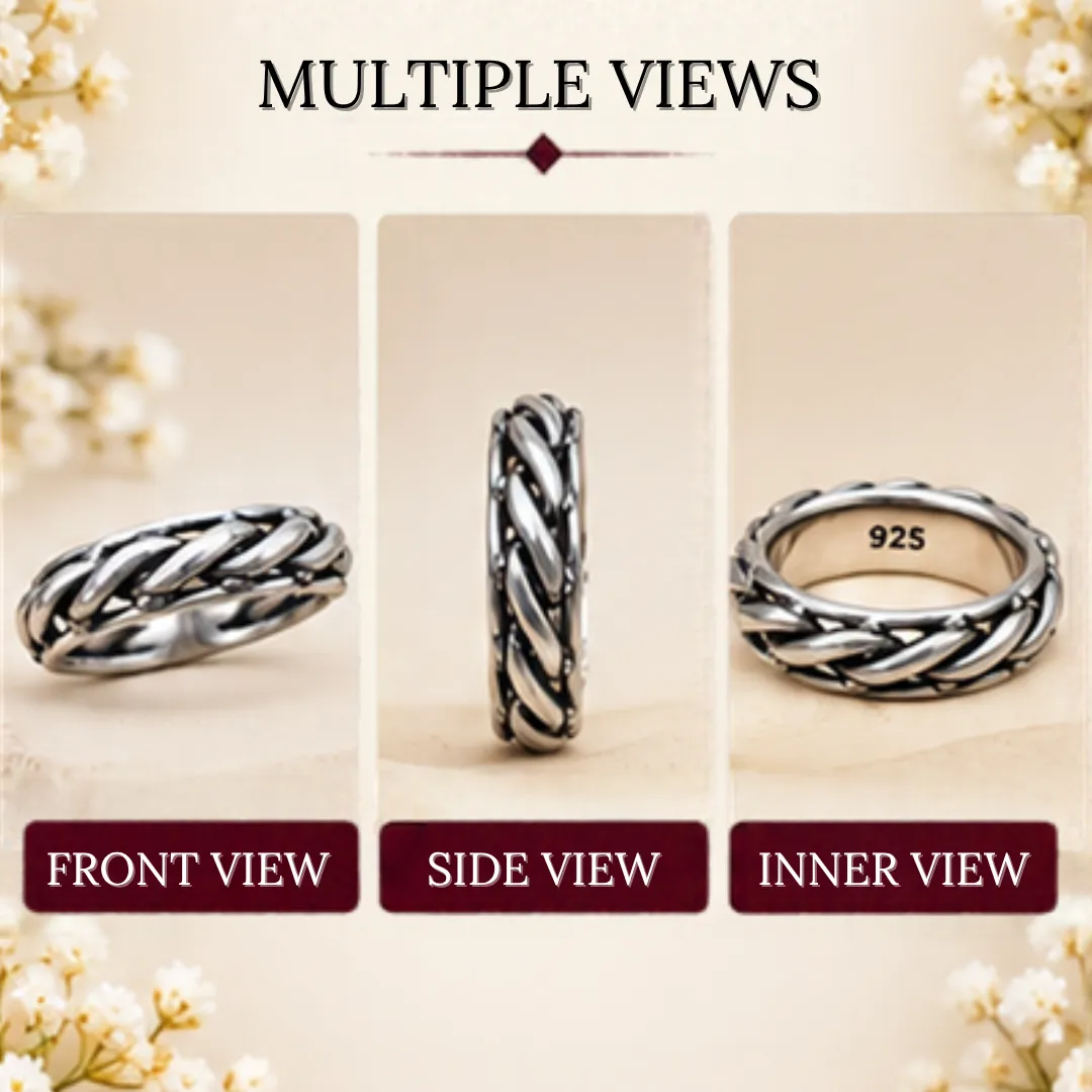 classic-rassa-design-silver-band-multiple-views Graphic displaying multiple views of the classic rassa design silver band, showing the front view, the side view highlighting the braided texture, and the inner view showing the 925 hallmark.
