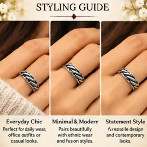 A styling guide collage featuring a hand wearing the rassa silver band for everyday chic with casual looks, minimal & modern styles with ethnic wear, and statement style for contemporary outfits.
