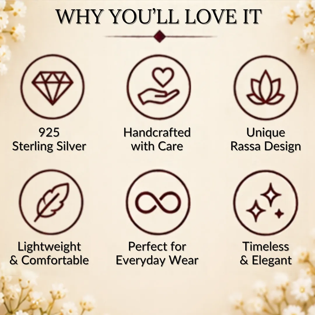 classic-rassa-design-silver-band-why-you-will-love-it Graphic outlining why you will love the rassa silver band, featuring icons for 925 sterling silver, handcrafted with care, unique rassa design, lightweight & comfortable, perfect for everyday wear, and timeless & elegant.