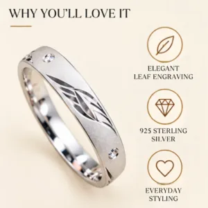 Graphic outlining why you will love the impressive silver band, featuring icons for elegant leaf engraving, 925 sterling silver, and everyday styling.