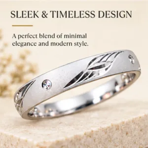 Angled product image of the impressive silver band, featuring text that highlights a sleek and timeless design offering a perfect blend of minimal elegance and modern style.