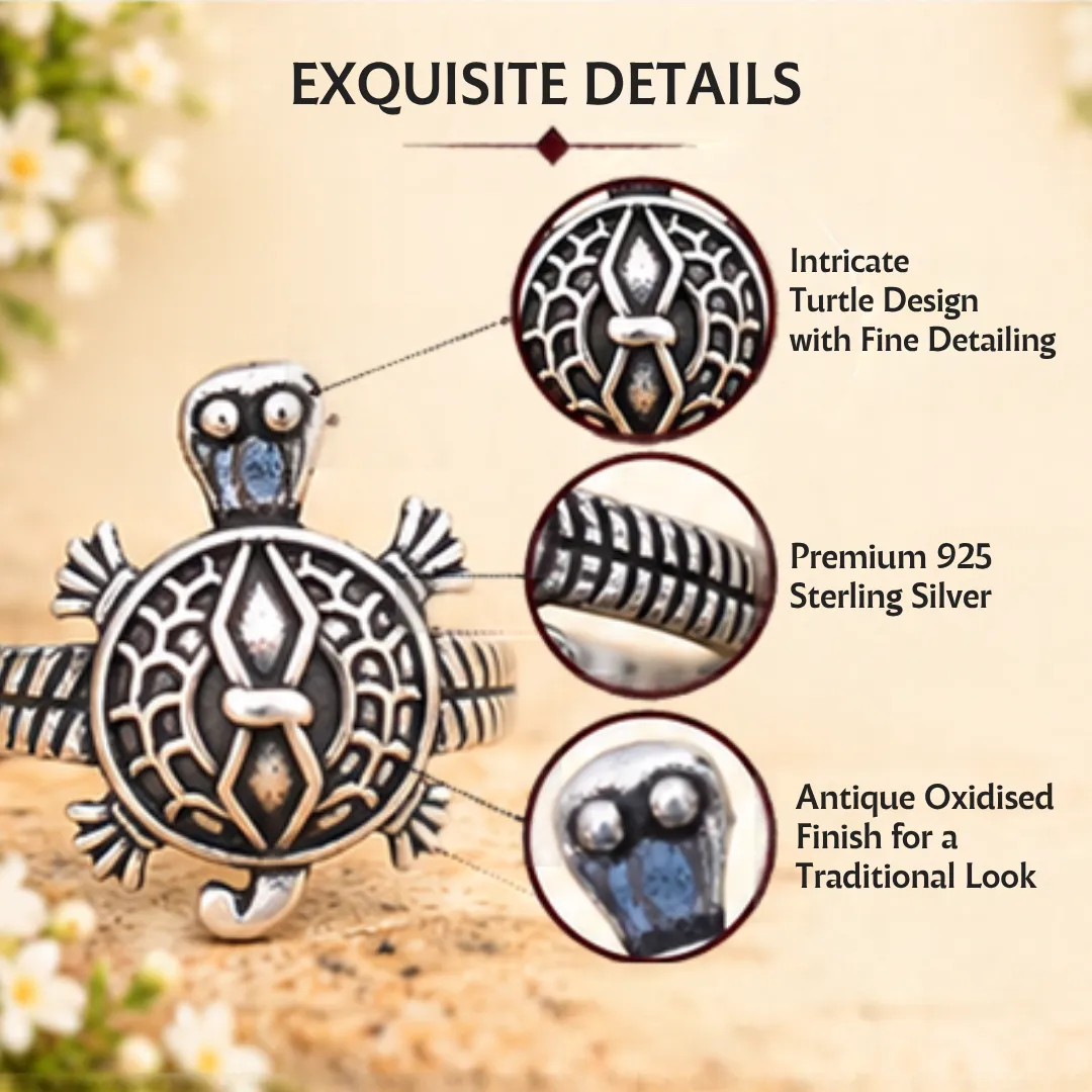 Exquisite-Details-Turtle-Silver-Ring-Sukhambika Detailed macro graphic of a silver ring, highlighting the intricate turtle design with fine detailing, premium 925 sterling silver construction, and antique oxidized finish for a traditional look.