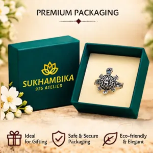 Lucky tortoise design silver ring displayed inside a premium dark green Sukhambika 925 Atelier box, highlighting that it is ideal for gifting, with safe & secure packaging, and an eco-friendly & elegant design.