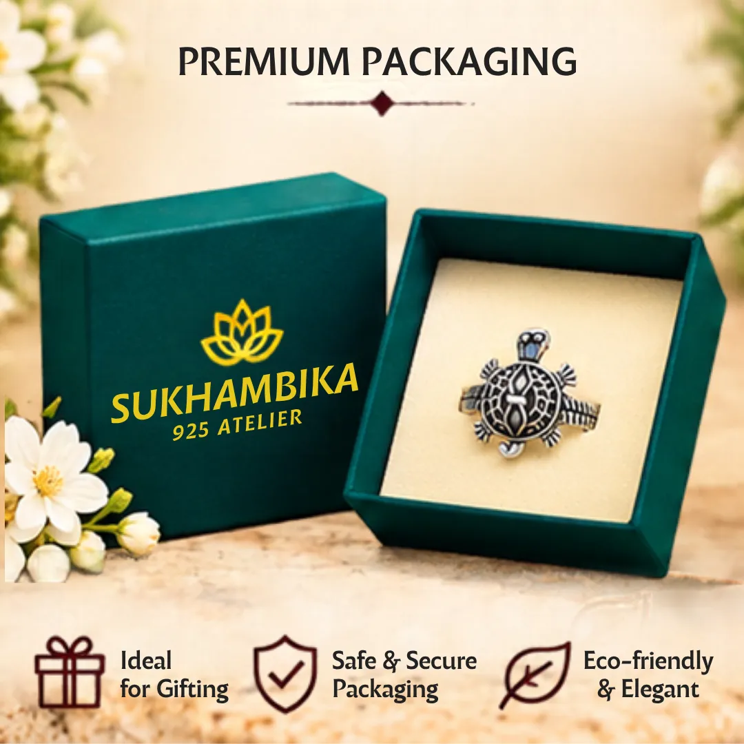lucky-tortoise-design-silver-ring-premium-packaging Lucky tortoise design silver ring displayed inside a premium dark green Sukhambika 925 Atelier box, highlighting that it is ideal for gifting, with safe & secure packaging, and an eco-friendly & elegant design.