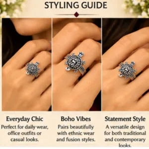 A styling guide collage featuring a woman wearing the turtle silver ring for everyday chic with casual looks, boho vibes with ethnic wear, and statement style for contemporary outfits.