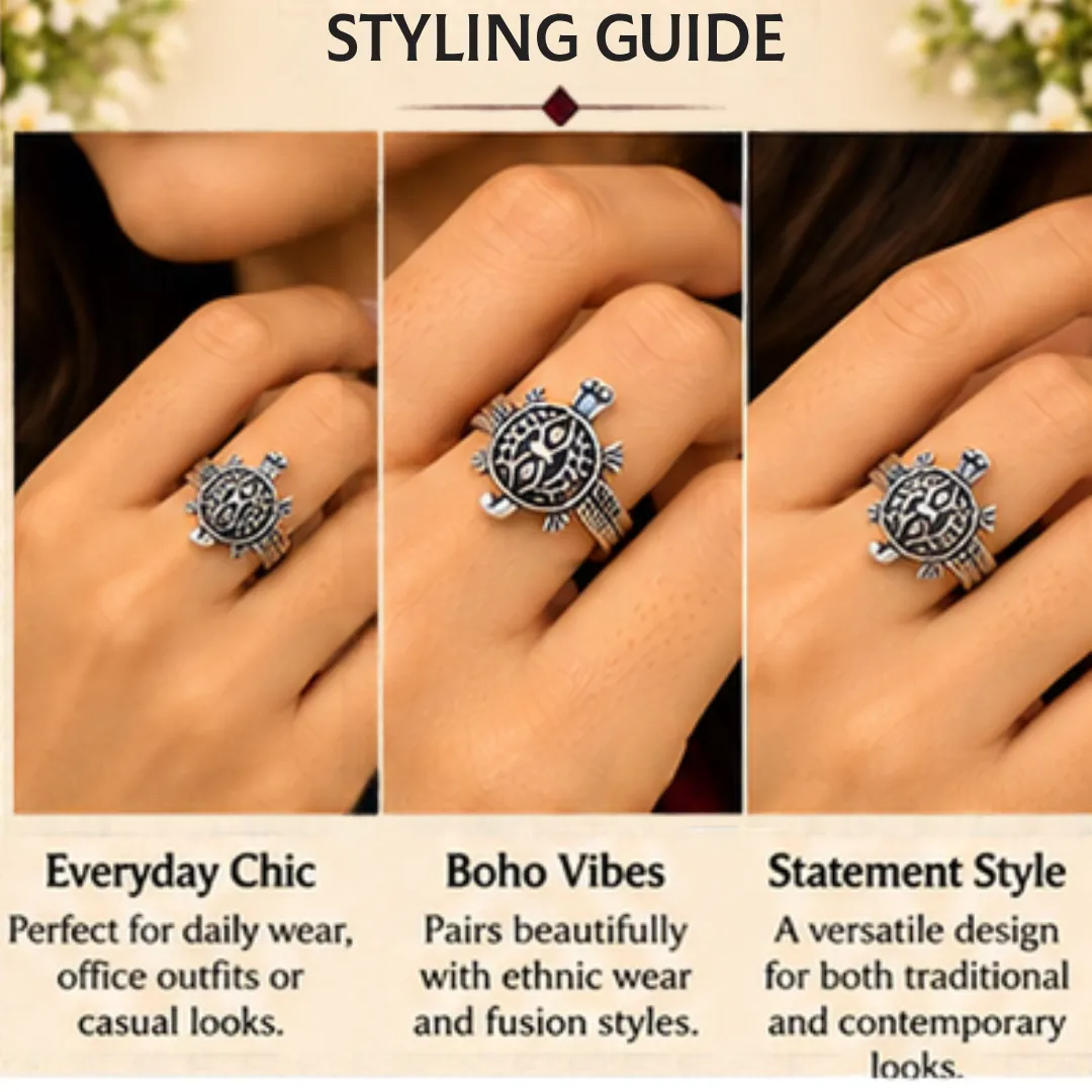 lucky-tortoise-design-silver-ring-styling-guide A styling guide collage featuring a woman wearing the turtle silver ring for everyday chic with casual looks, boho vibes with ethnic wear, and statement style for contemporary outfits.