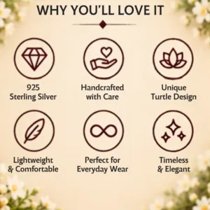 Graphic outlining why you will love the turtle silver ring, featuring icons for 925 sterling silver, handcrafted with care, unique turtle design, lightweight & comfortable, perfect for everyday wear, and timeless & elegant.