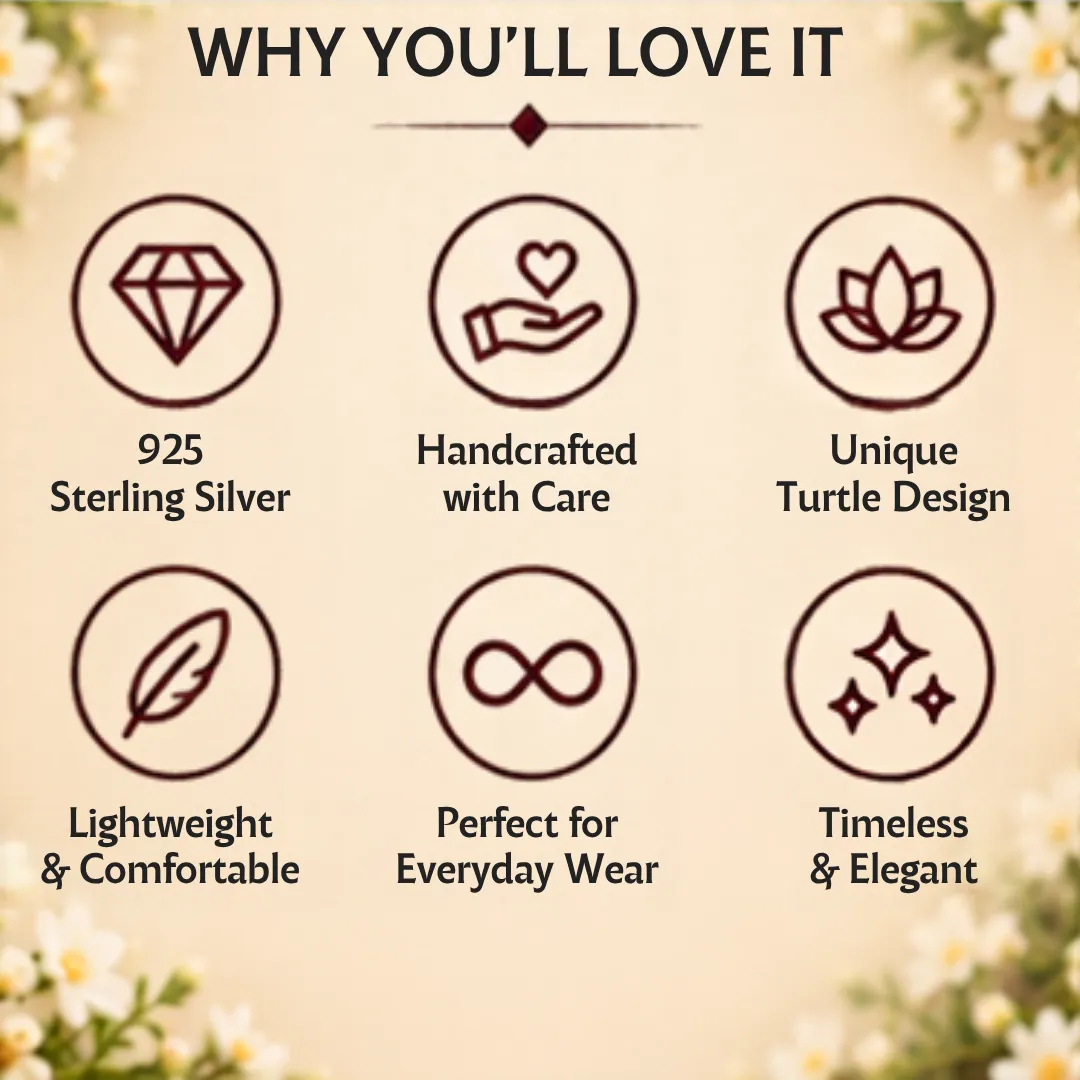 lucky-tortoise-design-silver-ring-why-you-will-love-it Graphic outlining why you will love the turtle silver ring, featuring icons for 925 sterling silver, handcrafted with care, unique turtle design, lightweight & comfortable, perfect for everyday wear, and timeless & elegant.