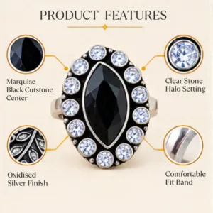 Product features graphic outlining the black jadau silver ring, highlighting a marquise black cutstone center, clear stone halo setting, oxidised silver finish, and comfortable fit band.