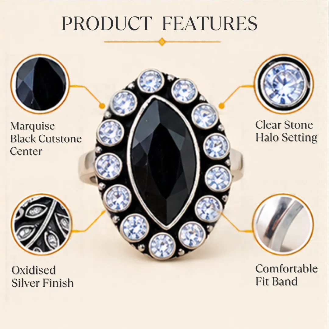 scintillating-center-black-cutstone-jadau-silver-ring-sukhambika (8) Product features graphic outlining the black jadau silver ring, highlighting a marquise black cutstone center, clear stone halo setting, oxidised silver finish, and comfortable fit band.