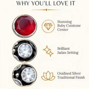 Graphic outlining why you will love the ruby jadau silver ring, featuring icons for stunning ruby cutstone center, brilliant jadau setting, and oxidised silver traditional finish.