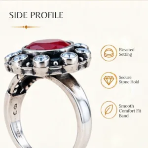 Angled side profile image of the ruby jadau silver ring, featuring text that highlights its elevated setting, secure stone hold, and smooth comfort fit band.