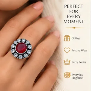 Lifestyle hand portrait with graphic elements showing the ruby jadau silver ring is perfect for every moment, ideal for gifting, festive wear, party looks, and everyday elegance.