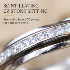 Detailed macro graphic of the silver band highlighting the scintillating CZ stone setting with precisely placed CZ stones for a brilliant shine.