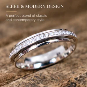 Angled product image of the scintillating cz stone finished silver band, featuring text that highlights a sleek and modern design offering a perfect blend of classic and contemporary style
