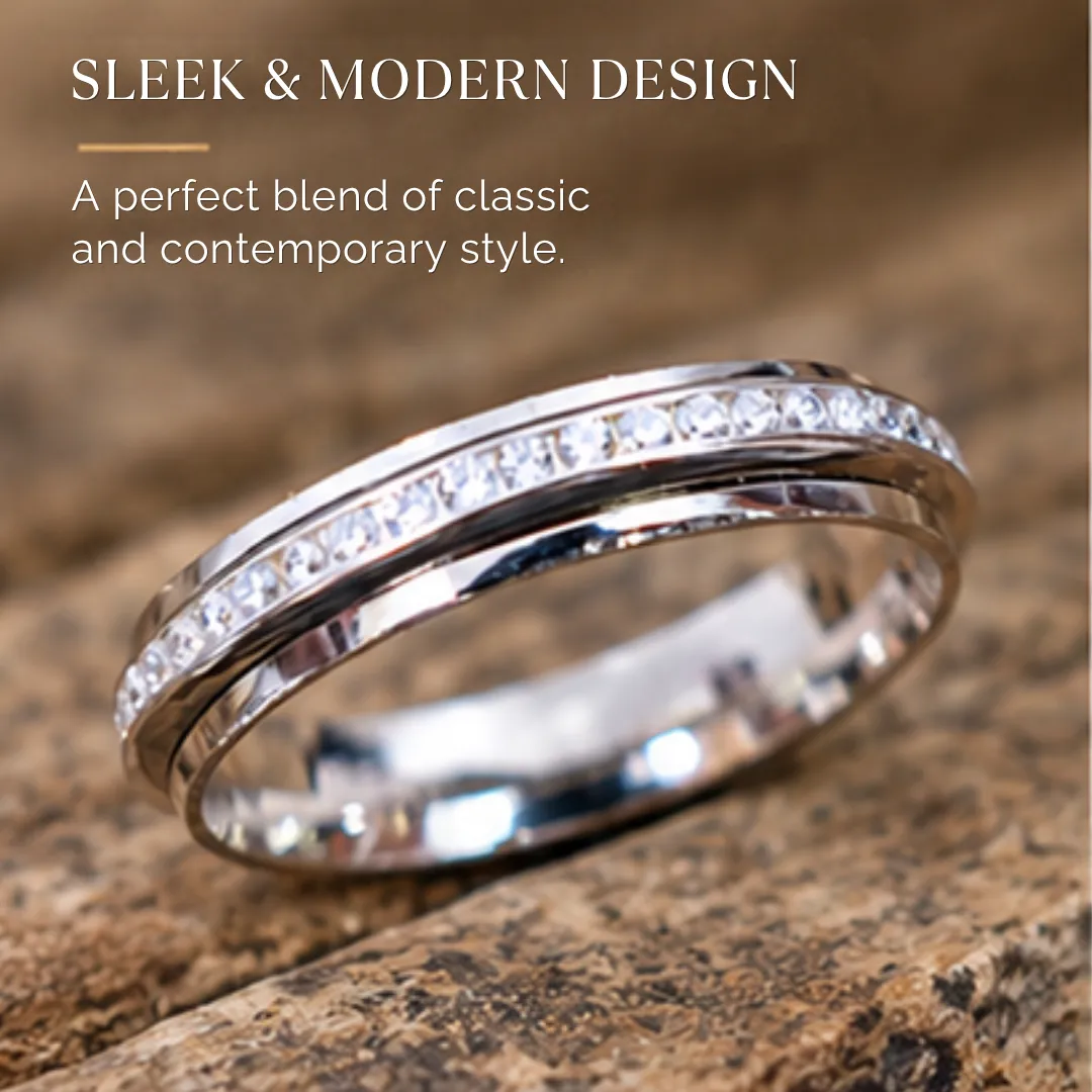 scintillating-cz-stone-finished-silver-band-sukhambika (7) Angled product image of the scintillating cz stone finished silver band, featuring text that highlights a sleek and modern design offering a perfect blend of classic and contemporary style