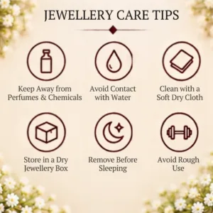 Jewellery care tips graphic advising to keep away from perfumes and chemicals, avoid contact with water, clean with a soft dry cloth, store in a dry jewellery box, remove before sleeping, and avoid rough use.