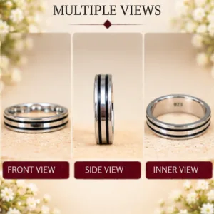 Graphic displaying multiple views of the trendy black line sterling silver band, showing the front view, side view, and inner view displaying the 925 hallmark.