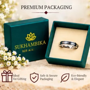 Trendy black line sterling silver band displayed inside a premium dark green Sukhambika 925 Atelier box, highlighting that it is ideal for gifting, with safe & secure packaging, and an eco-friendly & elegant design.