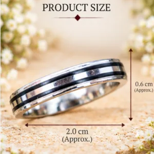 Product size graphic for the trendy black line sterling silver band, displaying an approximate width of 2.0 cm and a band thickness of 0.6 cm.
