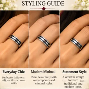 A styling guide collage featuring a hand wearing the black line silver band for everyday chic with casual looks, modern minimal with contemporary styles, and statement style for traditional and modern looks.