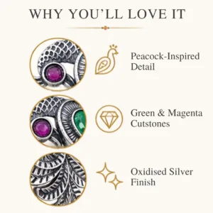 Graphic outlining why you will love the peacock cutstone silver ring, featuring icons for peacock-inspired detail, green & magenta cutstones, and oxidised silver finish.