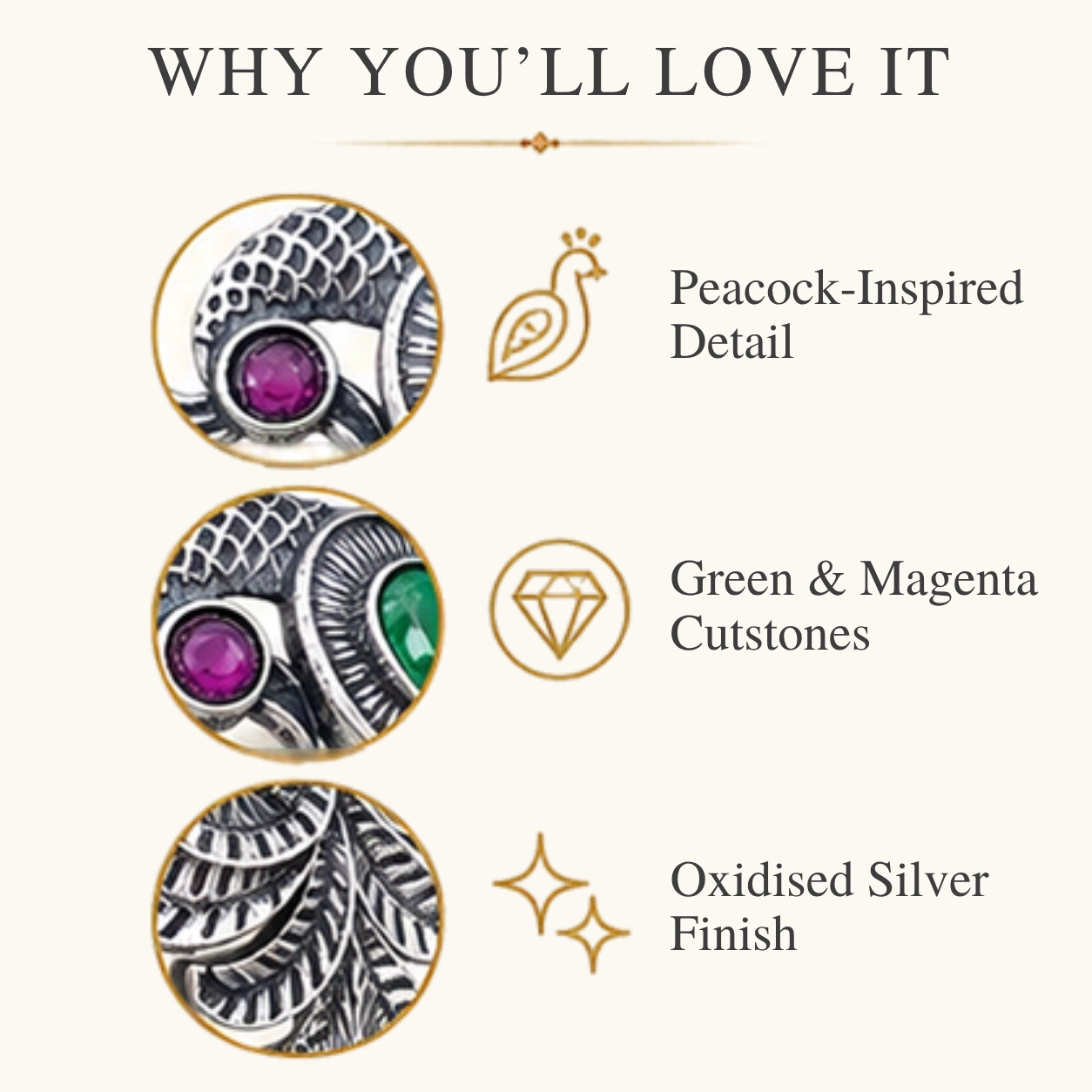 trendy-peacock-design-cutstone-silver-ring-sukhambika (3) Graphic outlining why you will love the peacock cutstone silver ring, featuring icons for peacock-inspired detail, green & magenta cutstones, and oxidised silver finish.