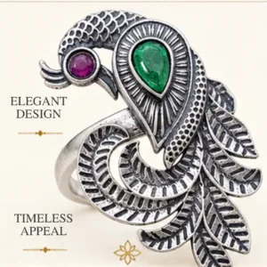 Close-up product image of the trendy peacock design cutstone silver ring, highlighting an elegant design with timeless appeal.