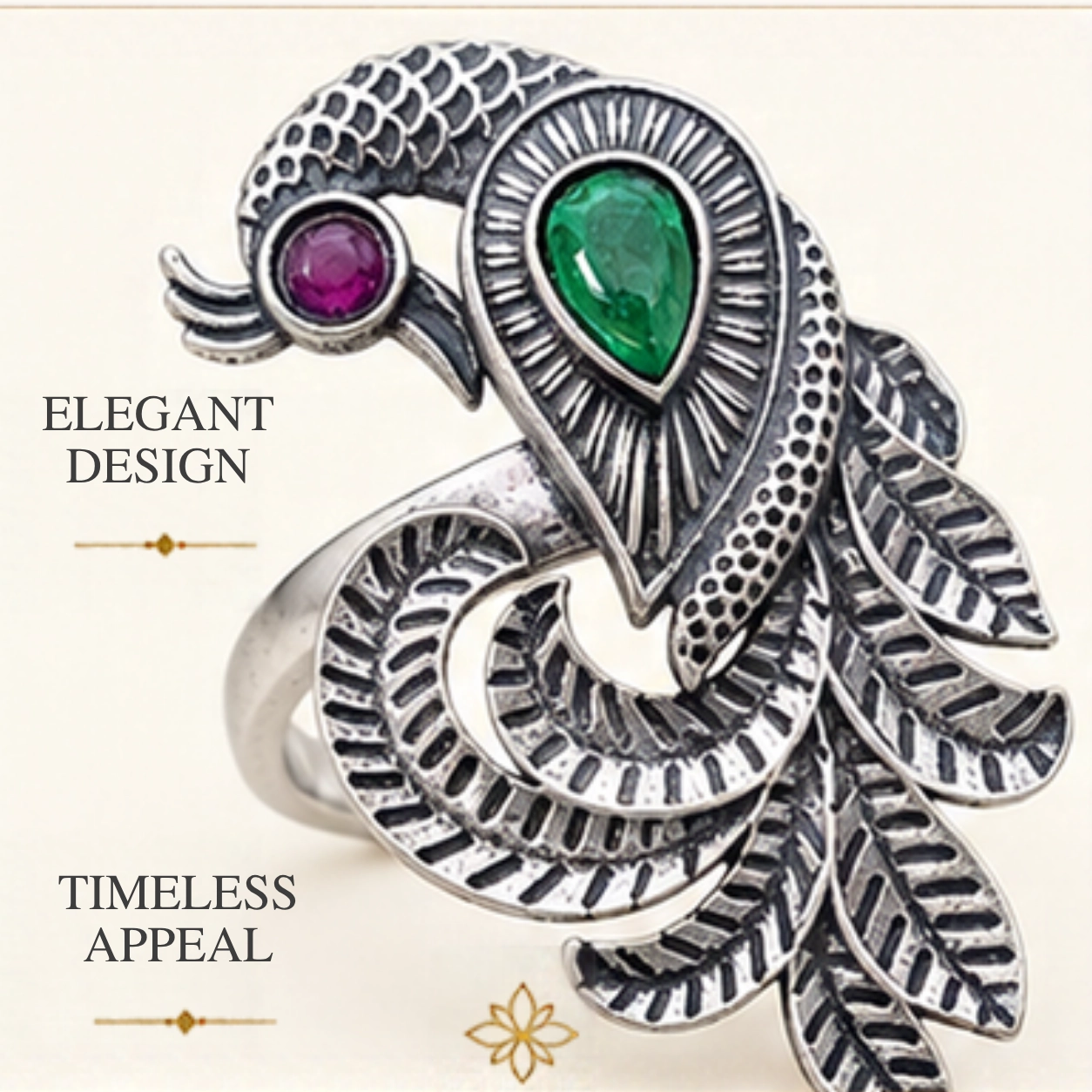 trendy-peacock-design-cutstone-silver-ring-sukhambika (4) Close-up product image of the trendy peacock design cutstone silver ring, highlighting an elegant design with timeless appeal.