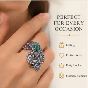 A styling guide featuring a hand wearing the peacock ring, indicating it is perfect for every occasion including gifting, festive wear, party looks, and everyday elegance.