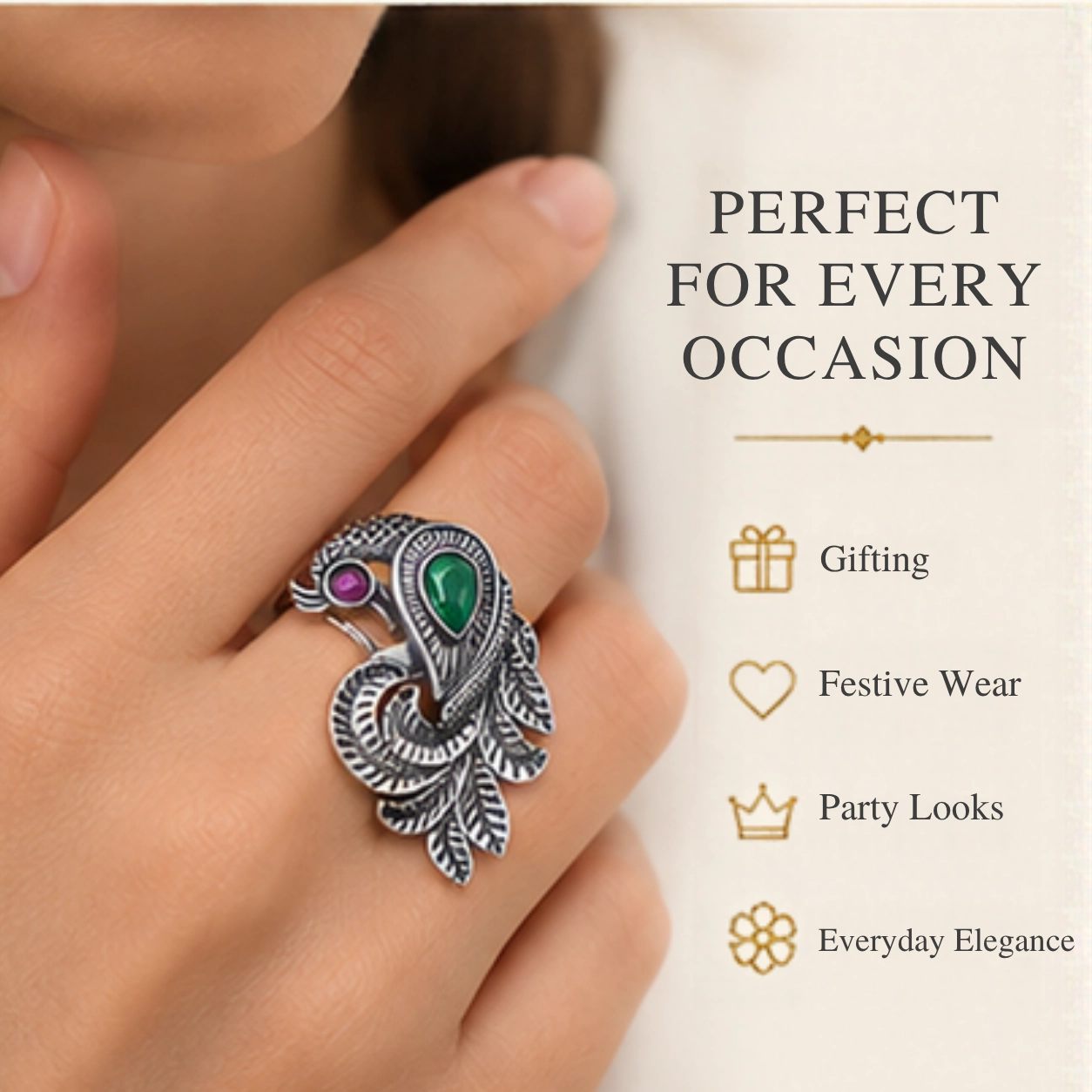 trendy-peacock-design-cutstone-silver-ring-sukhambika (7) A styling guide featuring a hand wearing the peacock ring, indicating it is perfect for every occasion including gifting, festive wear, party looks, and everyday elegance.