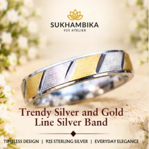 Promotional product image of trendy silver and gold line silver band resting on a textured light surface, highlighting the timeless design, 925 sterling silver purity, and everyday elegance.
