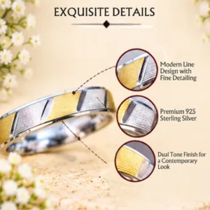 Detailed macro graphic of a silver band, highlighting the modern line design with fine detailing, premium 925 sterling silver construction, and dual tone finish for a contemporary look.