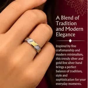 Close-up lifestyle portrait of a woman's hand wearing the trendy silver and gold line silver band, featuring text that highlights a blend of tradition and modern elegance.
