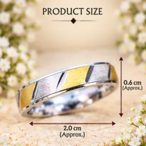 Product size graphic for the trendy silver and gold line silver band, displaying an approximate width of 2.0 cm and a band thickness of 0.6 cm.