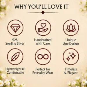 Graphic outlining why you will love the silver and gold line band, featuring icons for 925 sterling silver, handcrafted with care, unique line design, lightweight & comfortable, perfect for everyday wear, and timeless & elegant.